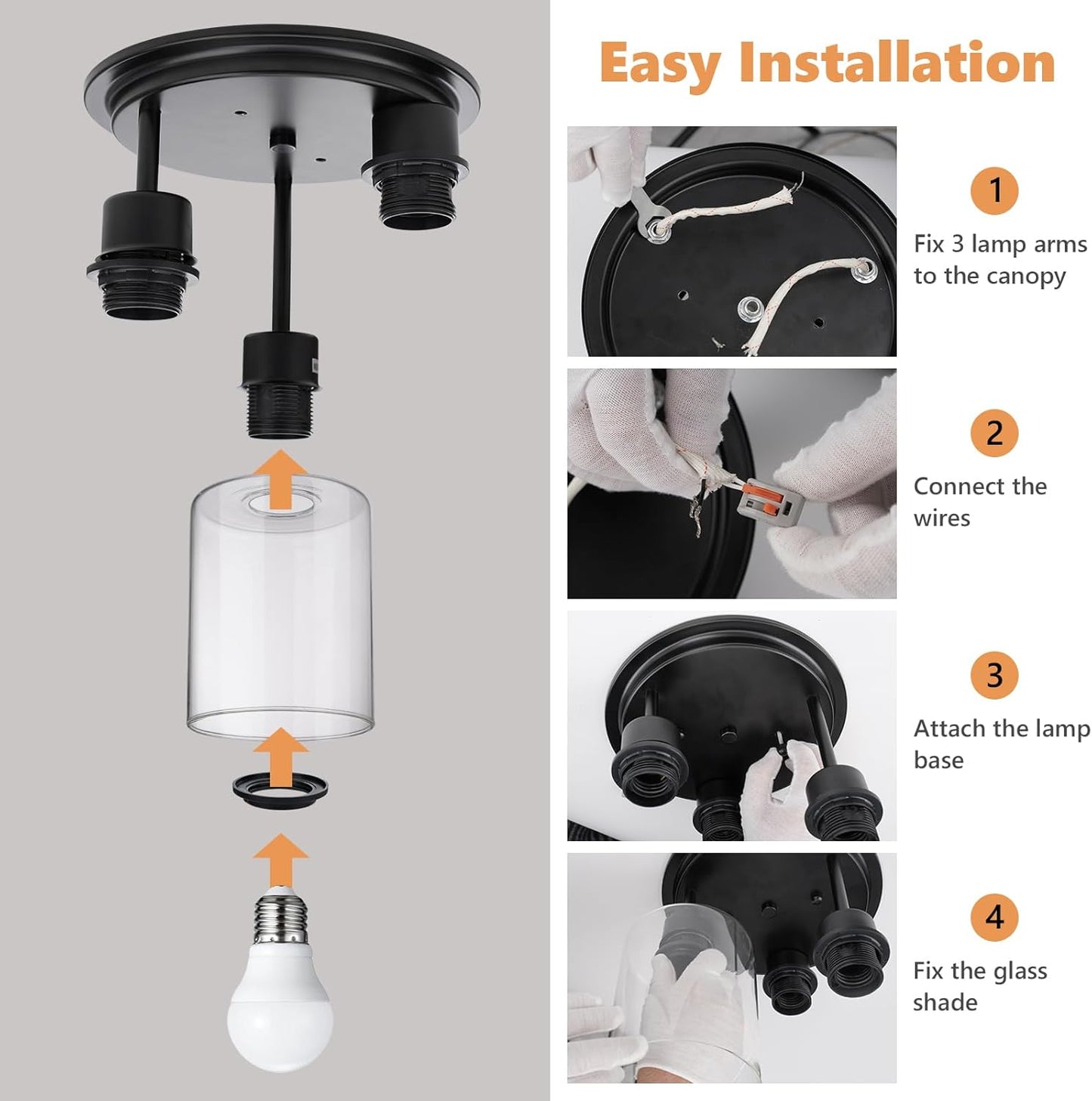 Semi Flush Mount Ceiling Light, 3-Light Ceiling Light Fixture Clear Glass Shades Black Kitchen Light Fixtures Close to Ceiling Light Fixtures for Dining Room Hallway Foyer Bedroom Entryway