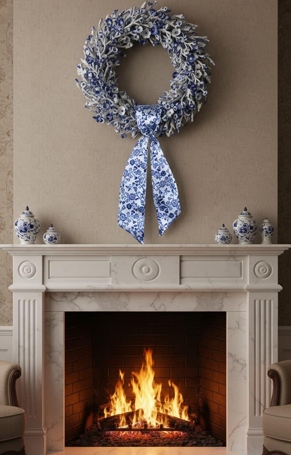 Skiennix Wreath Sash - Blue Floral Chinoiserie Decor | 55x5 Inch Ribbon for Indoor/Outdoor Use