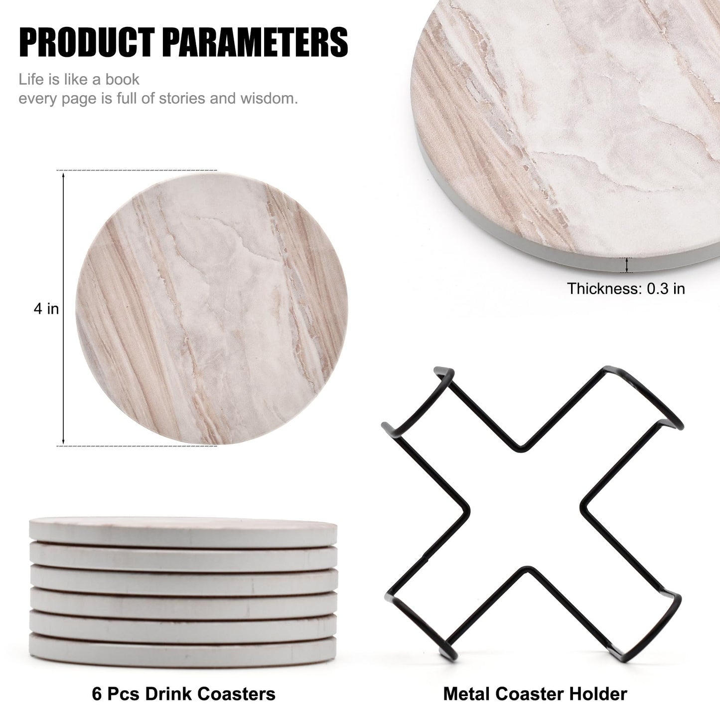 Hoewina 6Pcs Drink Coasters with Holder, Marble Style Ceramic Drink Coaster, Absorbent Coasters Set Suitable for Kinds of Cups, Modern Style Coasters for Coffee Table, 4 Inches（Natural）