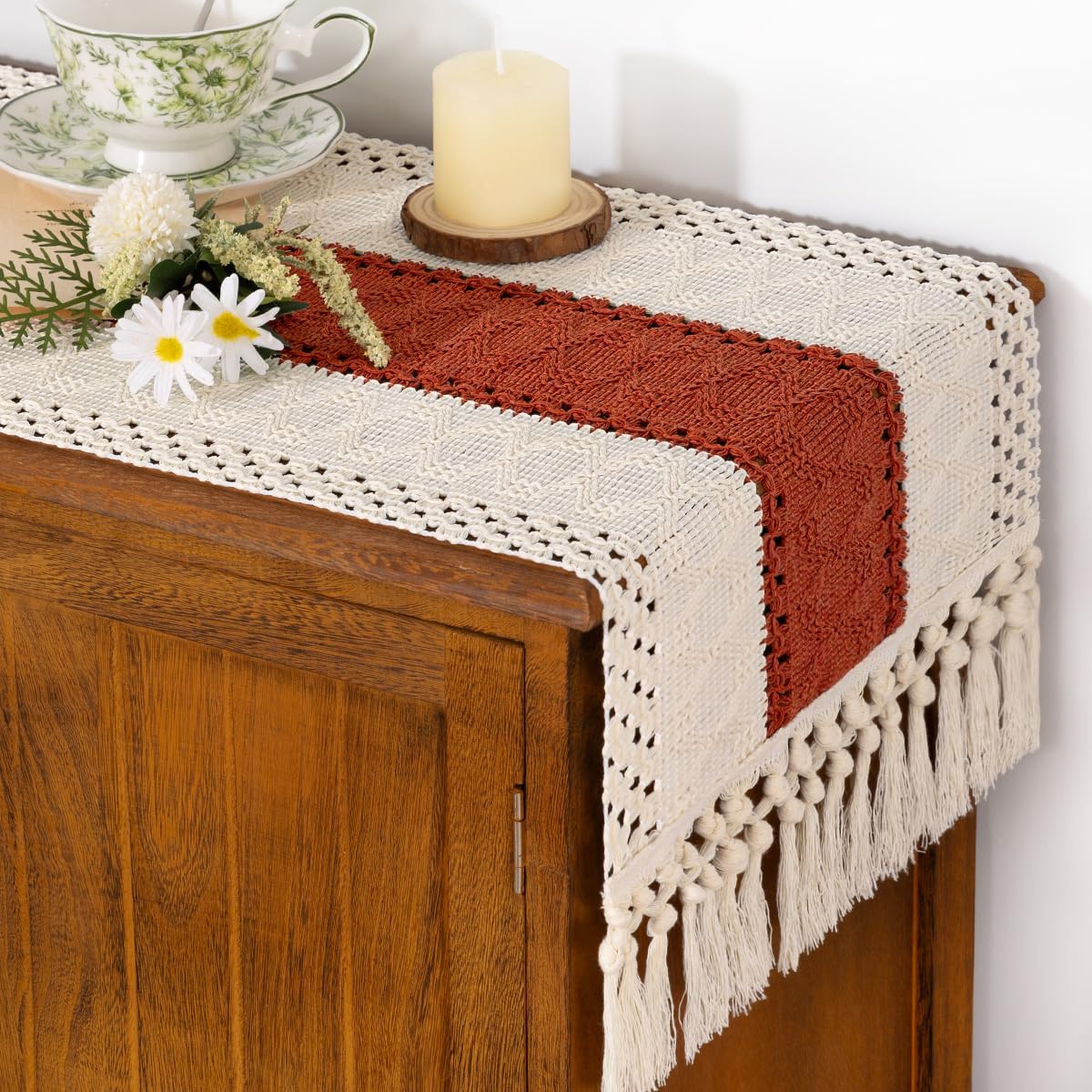 Socomi Boho Table Runner Macrame Summer Farmhouse Woven Cotton Linen Rustic Table Runner with Tassels for Dresser Scarf Home Decor Dining Room 12x90 inch Terracotta Ivory