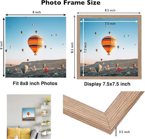 JCJMY 8x8 Picture Frame - Rustic Brown Wall Mount & Tabletop Display | Durable Shatter-Resistant Plexiglass