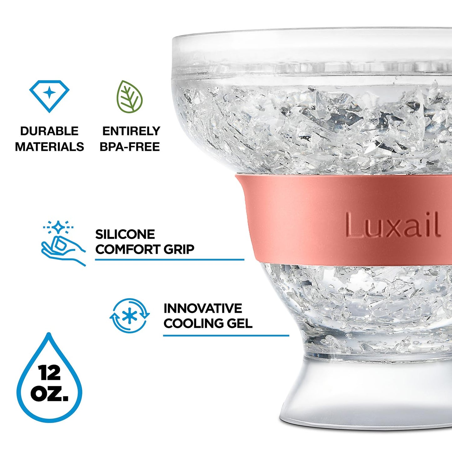 luxail Margarita Glasses, Plastic Margarita glasses Set of 2, Double Wall Insulated, Stemless Freeze Cooling Cups With Gel, Chiller Set of 2 Coral, 12 Oz Capacity, Margarita gifts