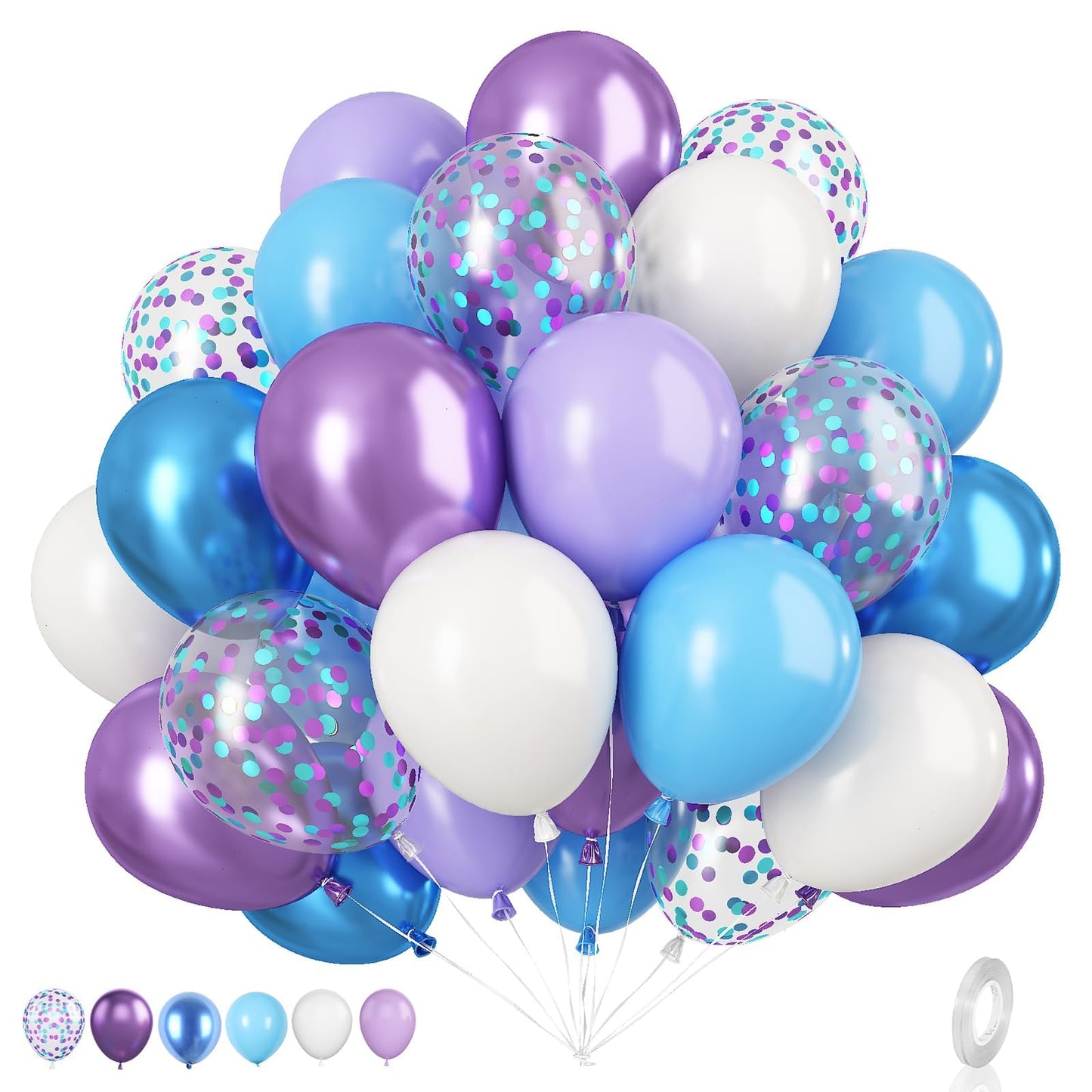 Blue and Purple Balloons Set, 50 PCS Blue 12 Inch Mermaid Balloon, Metallic Purple White Latex Ballons Confetti Helium Balloons for Girls Mermaid Birthday Party Baby Shower Winter Supplies