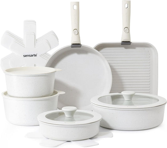 SENSARTE 17-Piece Nonstick Cookware Set - Induction Ready with Detachable Handles | PFOA Free, Dishwasher & Oven Safe (White)