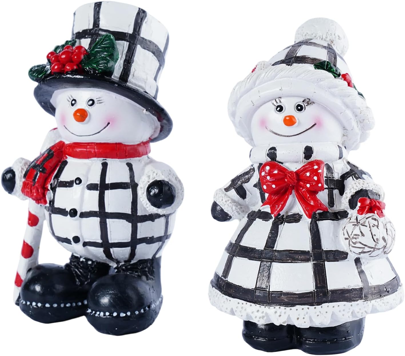 Snowman Figurines Set of 2 - Black and White Plaid Christmas Decorations for Home | Winter Decor
