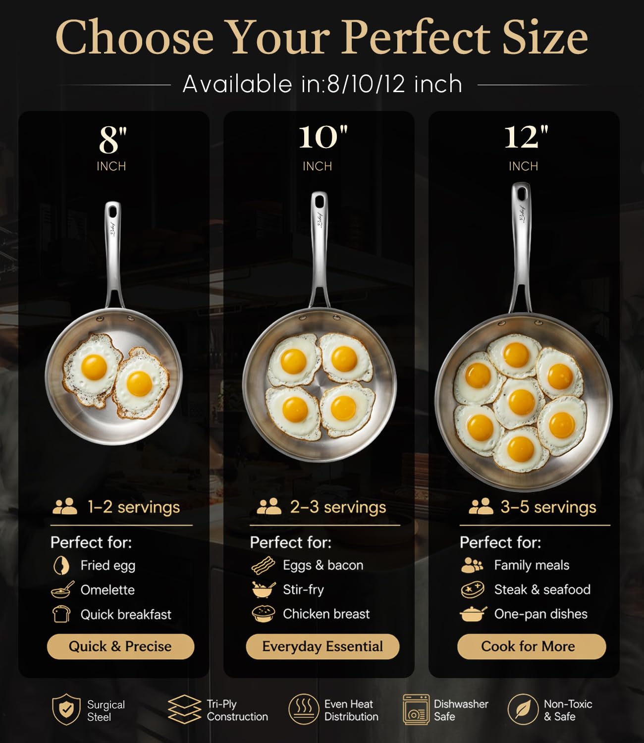 Lebof 8 Inch Stainless Steel Pan with Lid, 5-Ply Clad Base 800℉ Safe Frying Pans for Even Heating, Premium Cookware for Induction, Gas,Electric&Oven
