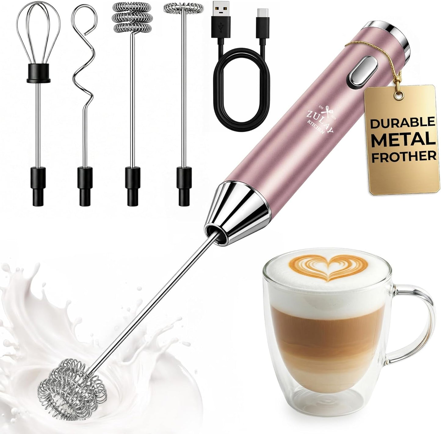 Zulay Kitchen Rechargeable Milk Frother - Handheld Electric Mixer with 3 Whisk Attachments | USB-C Charging, Lasts 6 Months