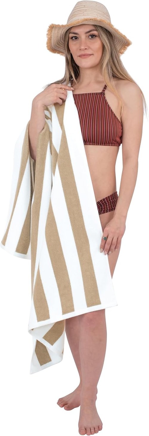 Cotton Paradise Cabana Stripe Beach Towels - Extra Large 30x60 Inches, Soft & Quick Dry, Beige
