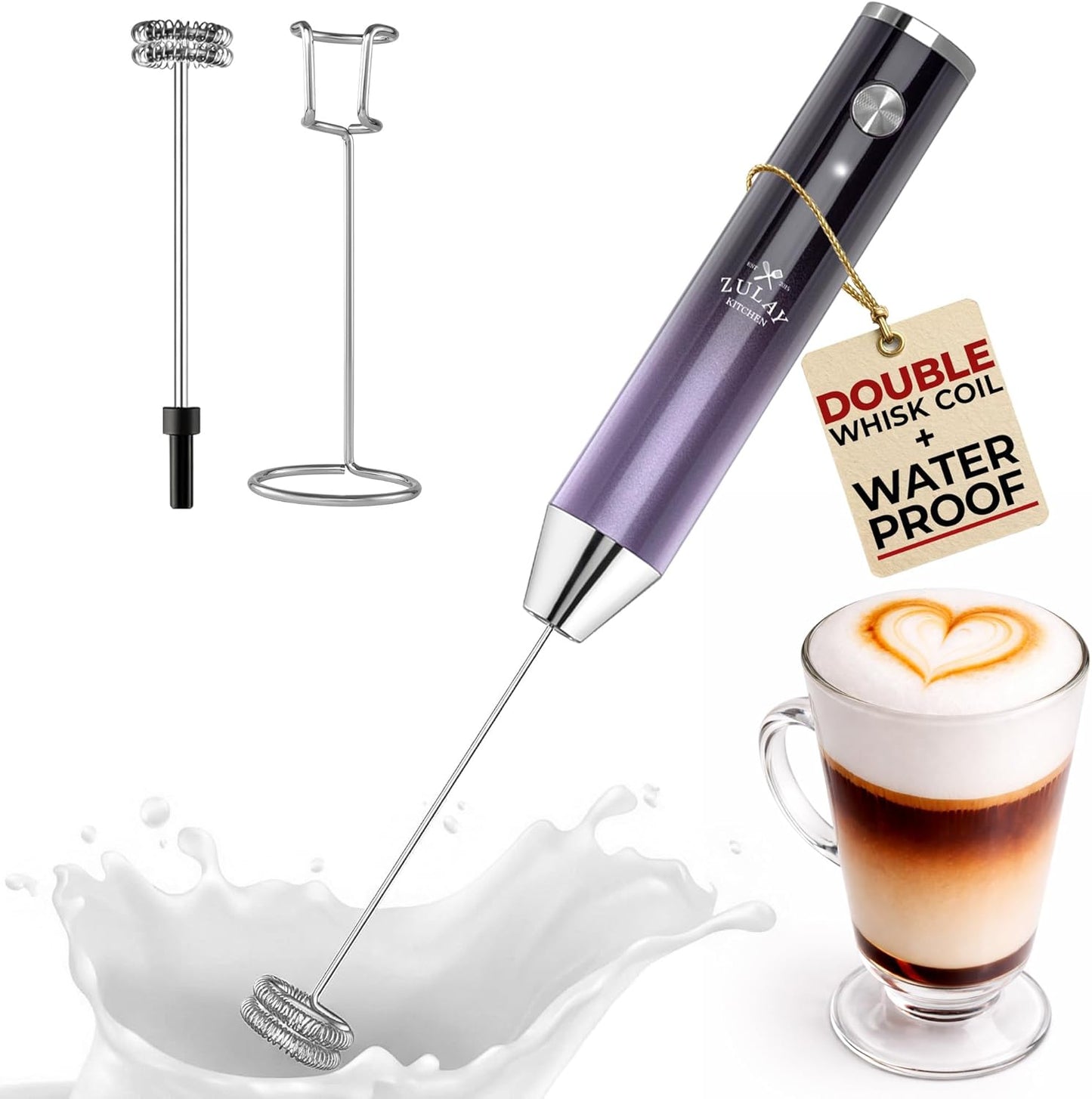 Zulay Kitchen Rechargeable Milk Frother - Powerful 2-Speed Motor, Waterproof, 2000mAh Battery | Perfect for Lattes, Cappuccinos, Matcha & Protein Drinks - Lux Galaxy