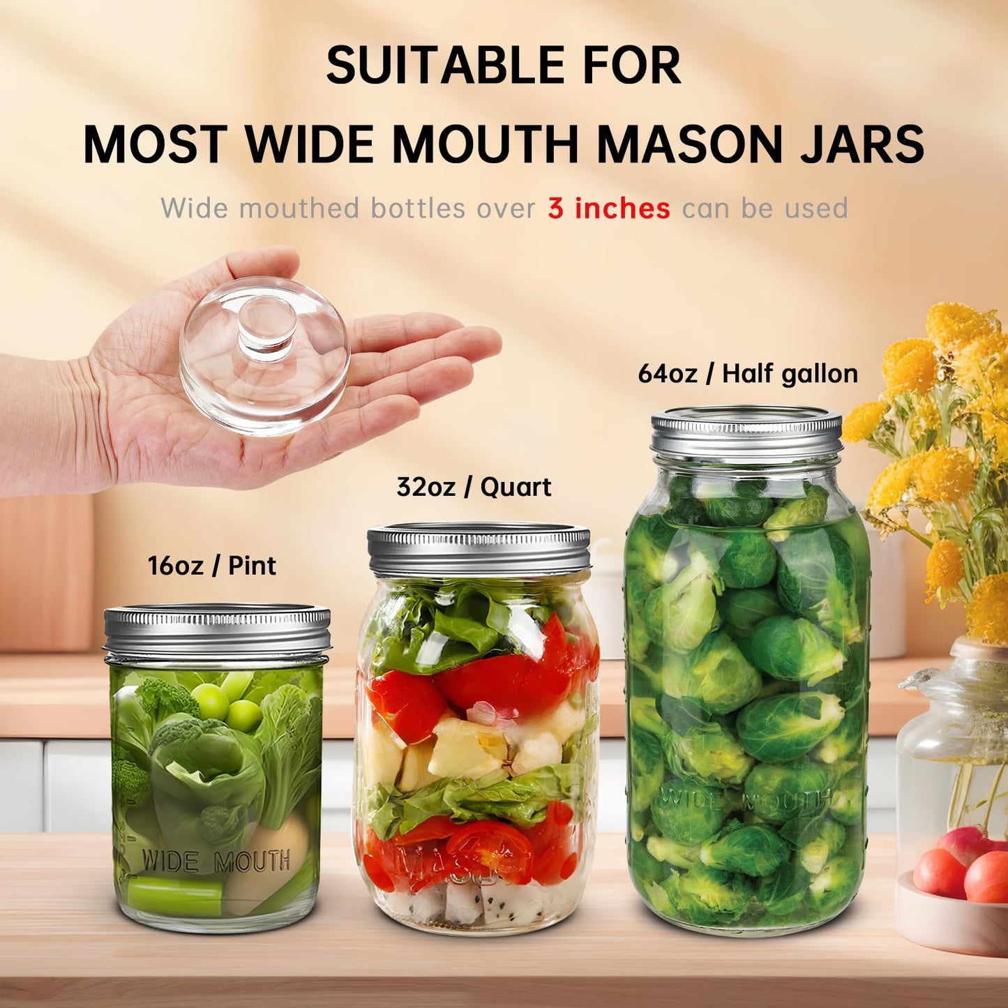 4Pcs Fermentation Glass Weights with Easy Grip Handles, Clear Canning Weights and Pickling Glass Weight for Wide Mouth Mason Jars, Fermenting Kit, Kimchi, Sauerkraut (4)