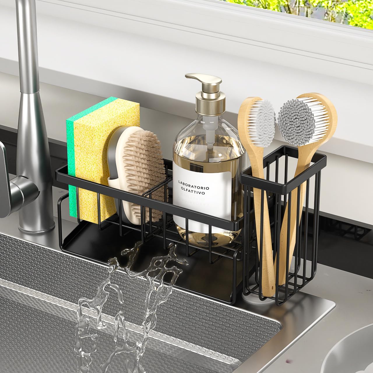 Skiennix Sponge Holder & Sink Caddy Organizer - Rustproof Kitchen Storage Solution | Carbon Black