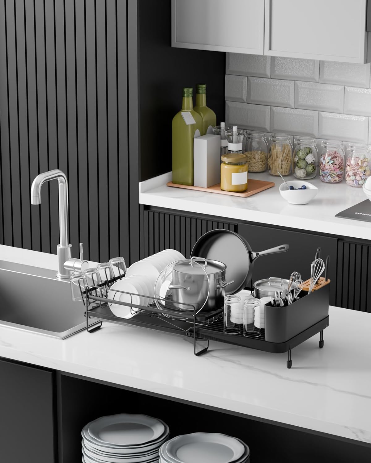 Kitsure Large Dish Drying Rack - Extendable Multifunctional Kitchen Rack with Anti-Rust Design | 19.2"-26.7" L x 12.9" W, Black