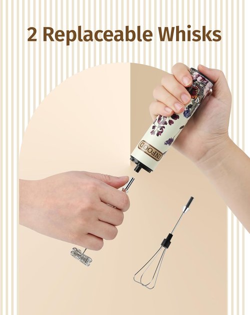 INFOOD Milk Frother - Rechargeable Coffee Frother Wand with 2 Detachable Stainless Whisks | Vintage Floral Design