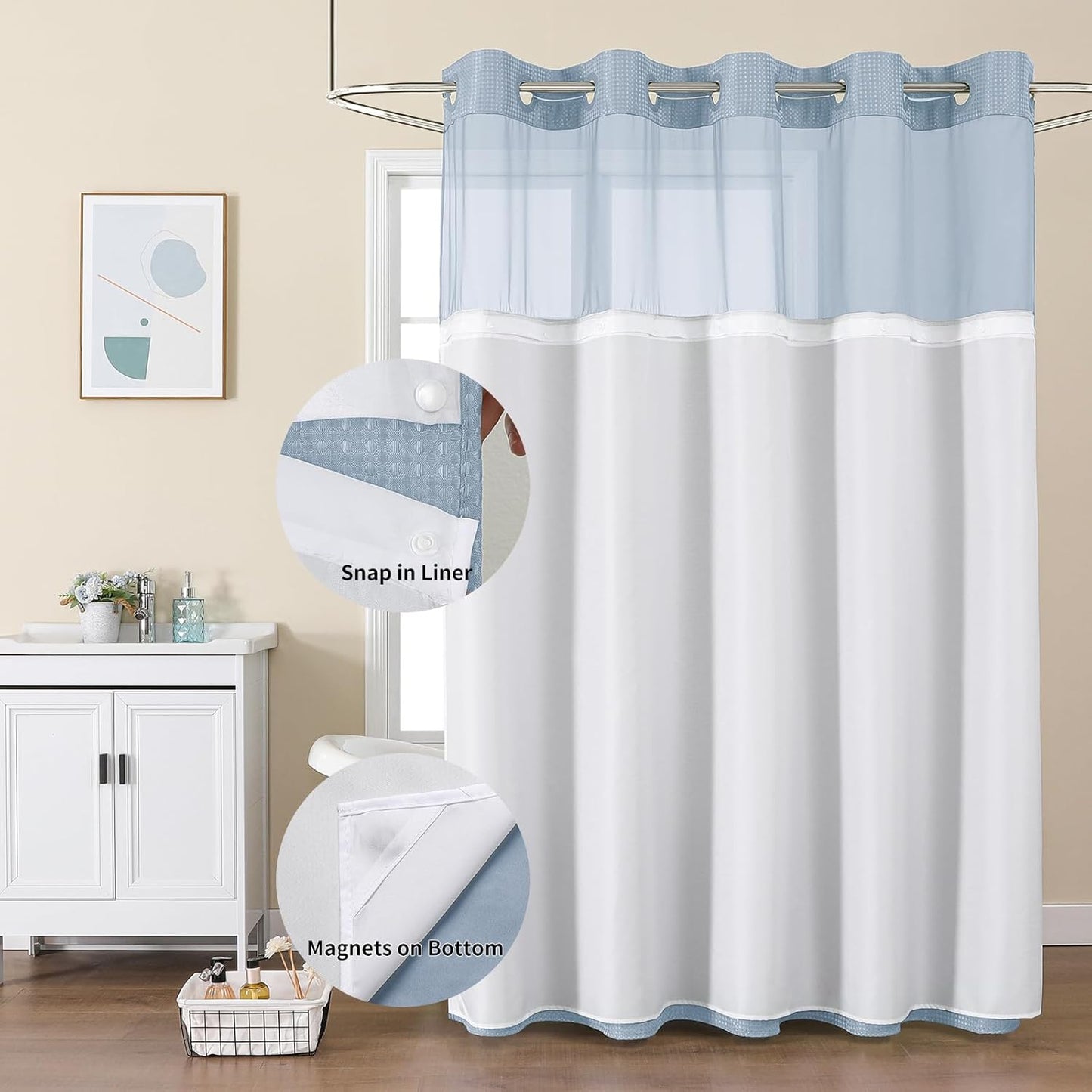 Skiennix Colorful Star Shower Curtain - Heavy Duty Waterproof Fabric with Snap-In Liner | 72 x 75 Inch, Fog Blue