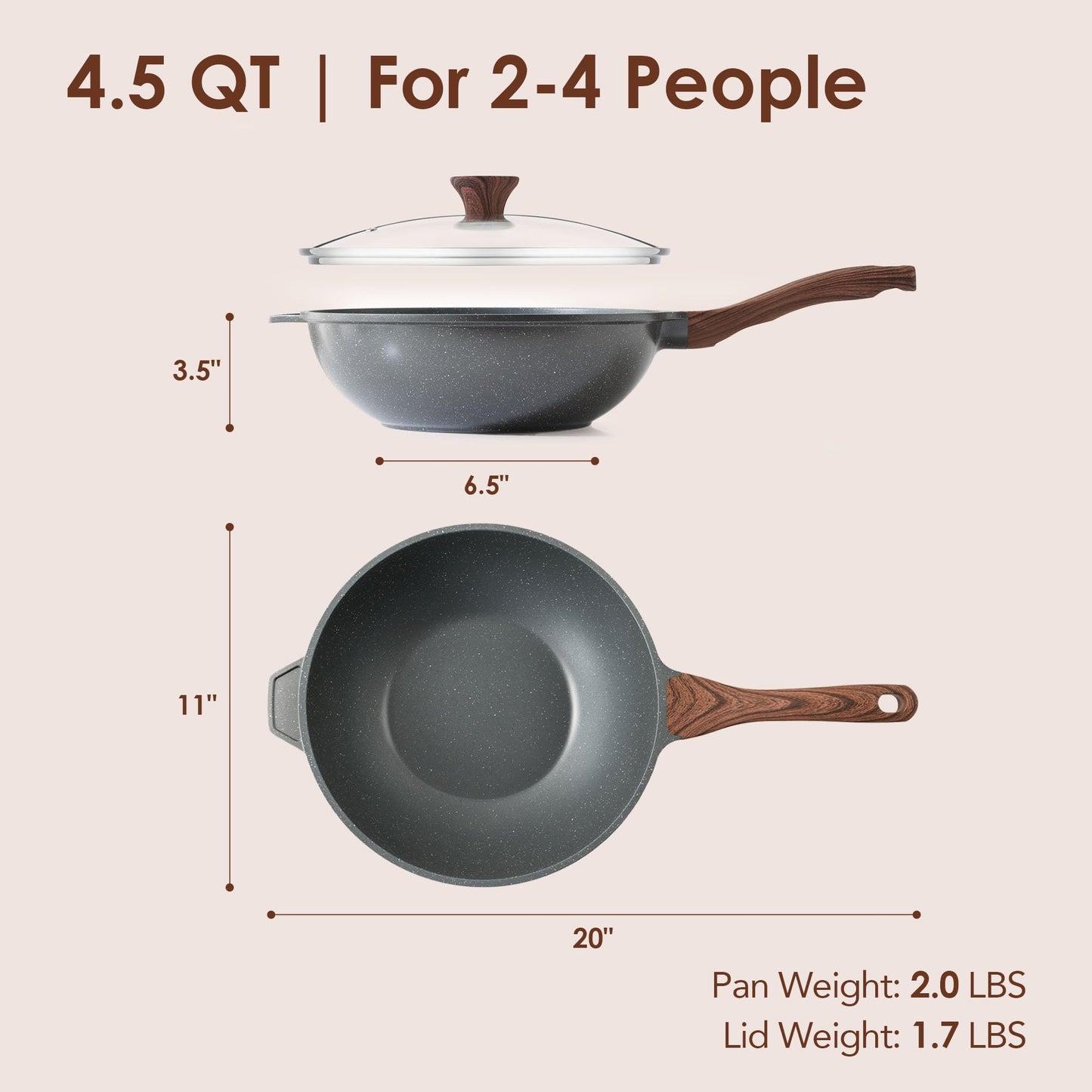 SENSARTE Nonstick Wok Pan with Lid 11-inch, Healthy Stir-fry Pan Induction Cookware with Swiss Granite Coating, Deep Frying Pan Skillet with Stay-cool Handle, PFOA Free
