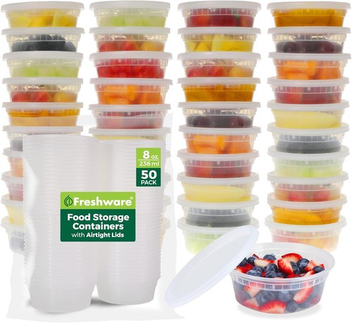 Freshware Food Storage Containers - 50 Set 8 oz Plastic Deli Containers | BPA-Free, Leakproof, Stackable, Safe for Microwave & Dishwasher
