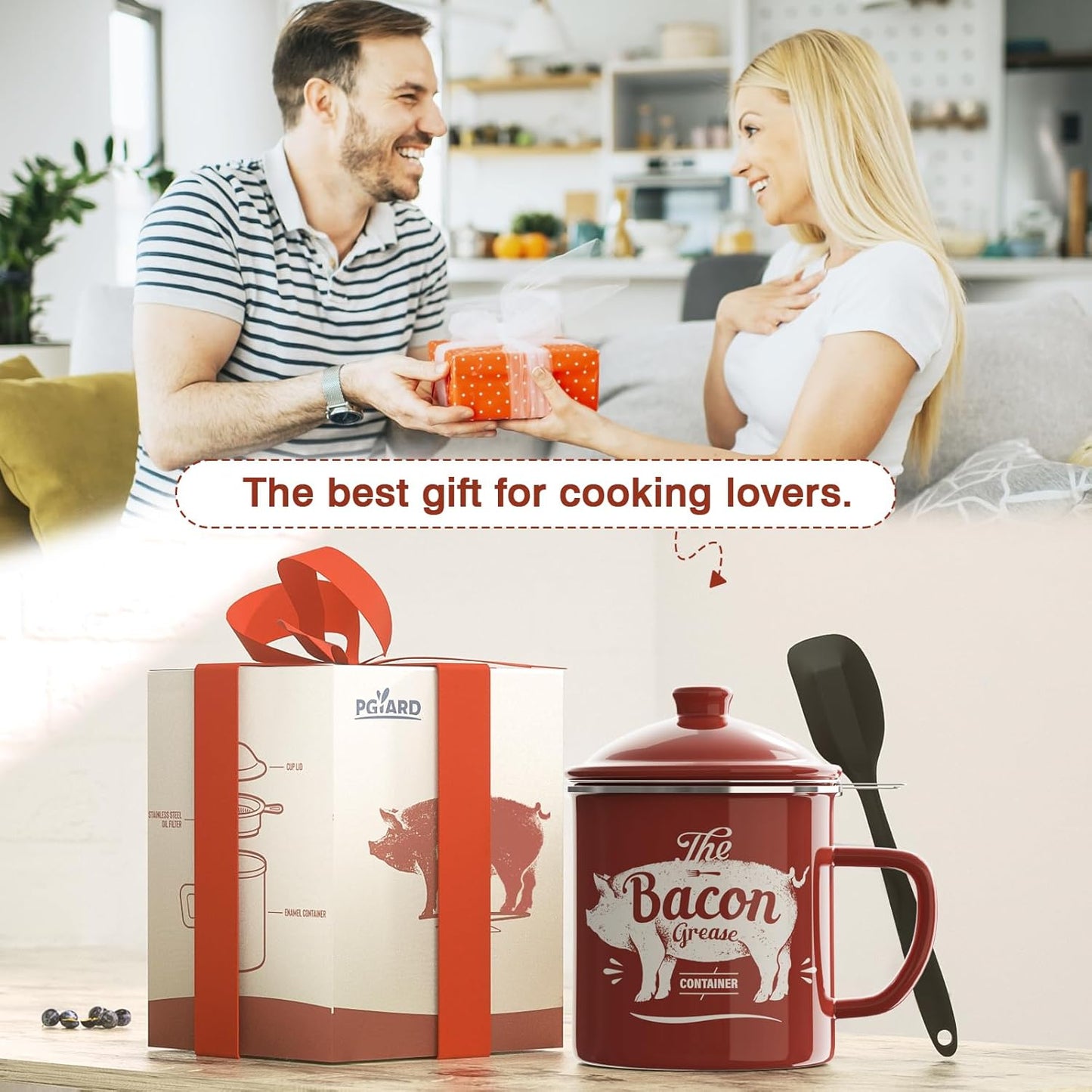 Regine Switzerland Bacon Grease Container - 46oz Enamel Keeper with Strainer & Silicone Spatula | Dishwasher Safe, Red
