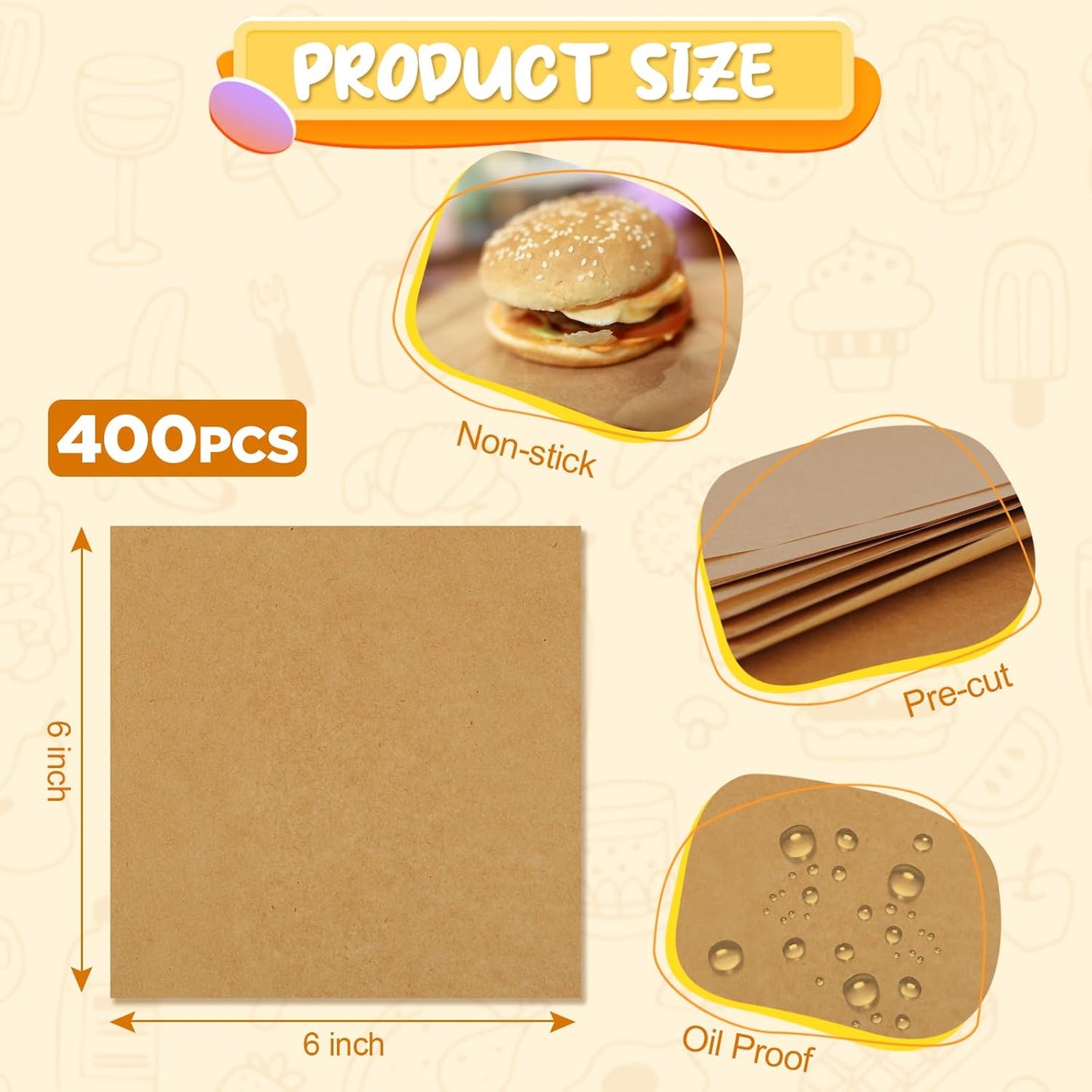 Ninsula 400PCS Patty Paper - Non-Stick Unbleached Parchment Squares, 6x6 In for Burgers, Baking & Freezing