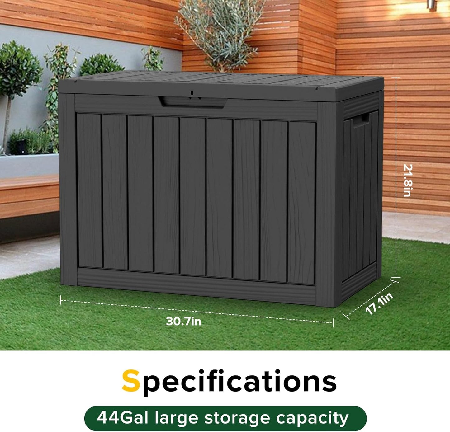 Skiennix 44 Gallon Outdoor Deck Box - Lockable Waterproof Storage for Garden Tools & Cushions | Black