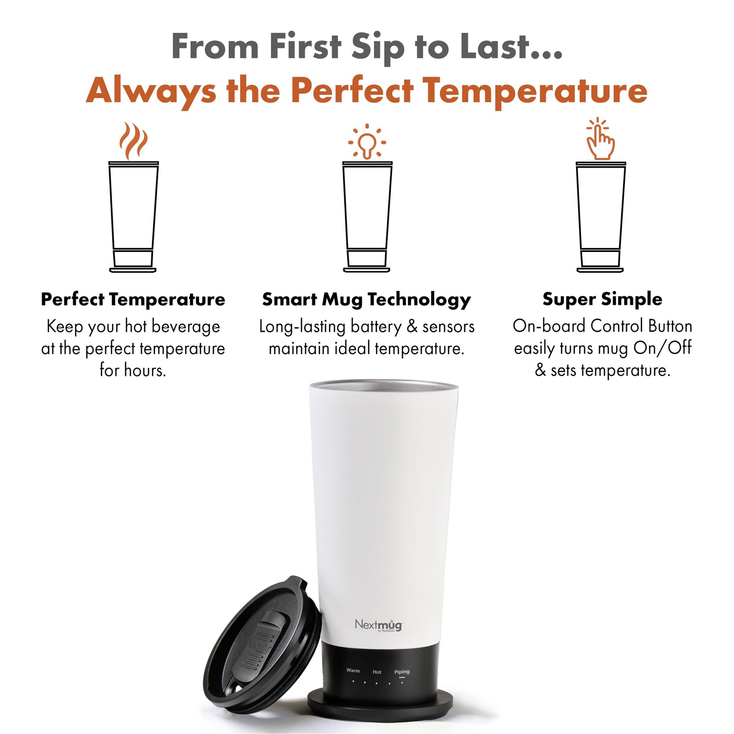 Nextmug Go - Temperature-Controlled, Self-Heating Travel Mug (White - 16 oz.)