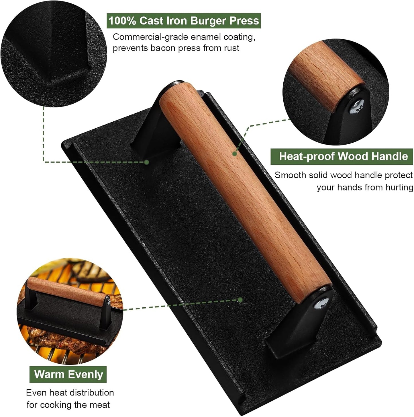 Skiennix Burger Press - Heavy-Duty Cast Iron Round & Rectangle with Wood Handle - Perfect for Griddles & Sandwiches