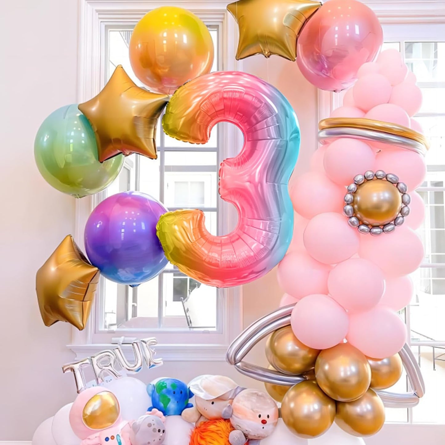 Skiennix 40-Inch Giant Rainbow Number 3 Balloons - Helium Mylar Foil for Kids' Birthday Party & Baby Showers