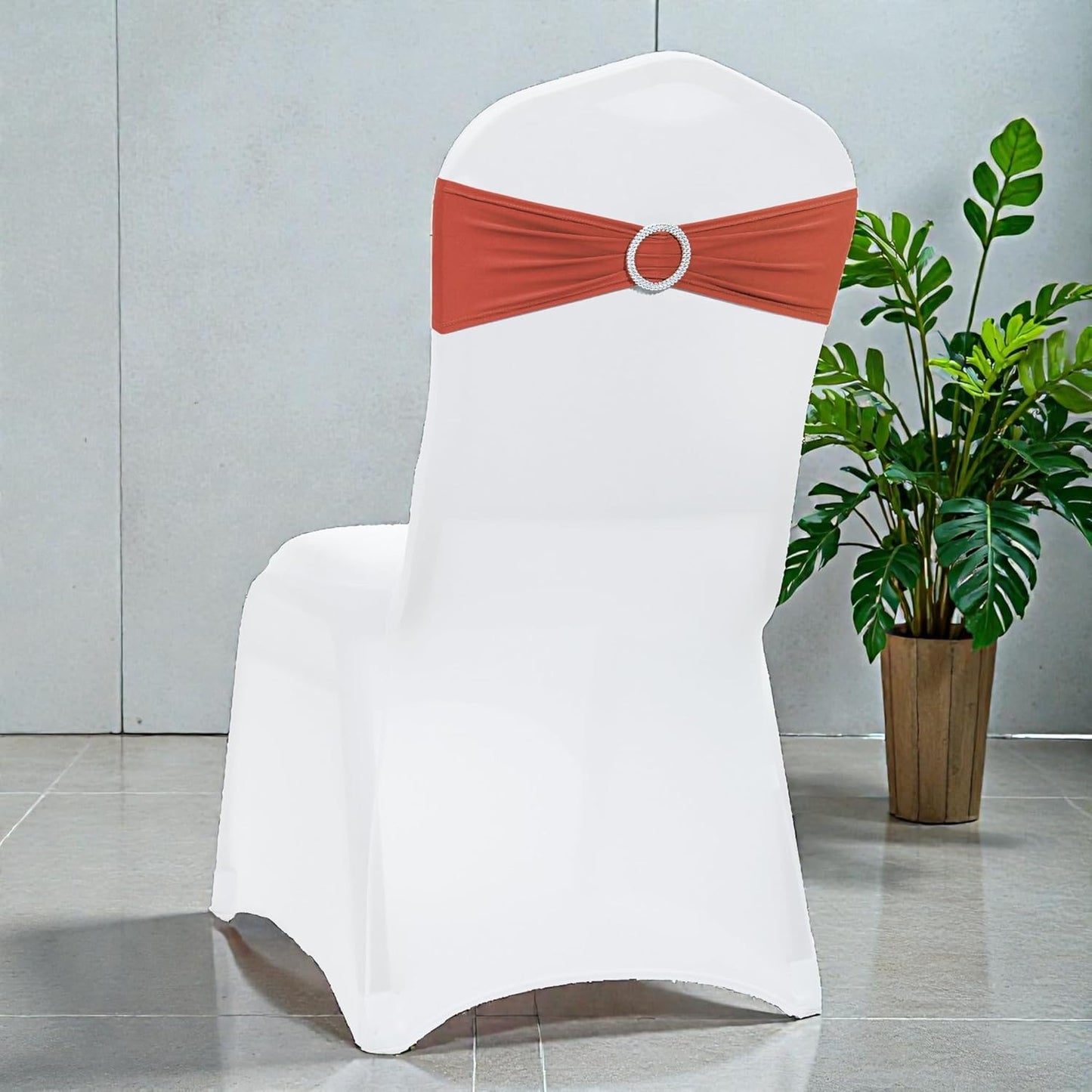 MDS Premium Spandex Chair Sashes - Stretchy Bow Covers with Buckle Slider | 50 Pack in Terracotta