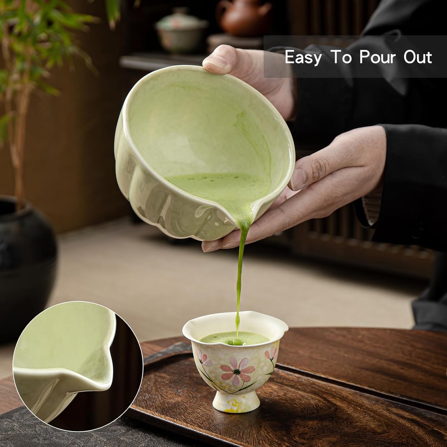 Skiennix Matcha Whisk Set - Complete 5-Piece Kit with Ceramic Bowl, Bamboo Whisk, and Sifter | Mottled Green