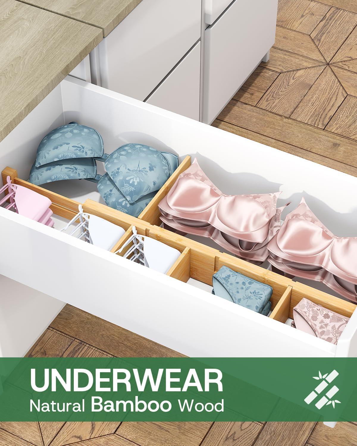 Kiplant Bamboo Drawer Dividers - Adjustable Organizers for Clothes & Kitchen | 8 Pack, 18-22.6 Inches, Non-Slip Ends