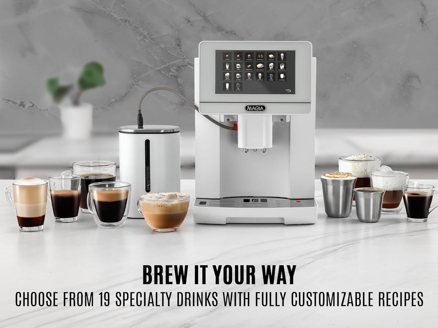 Zulay Magia Espresso Machine With Grinder - 19 Customizable Coffee Options | Includes Insulated Milk Container & Deluxe Cups - Auto-Cleaning - OG White