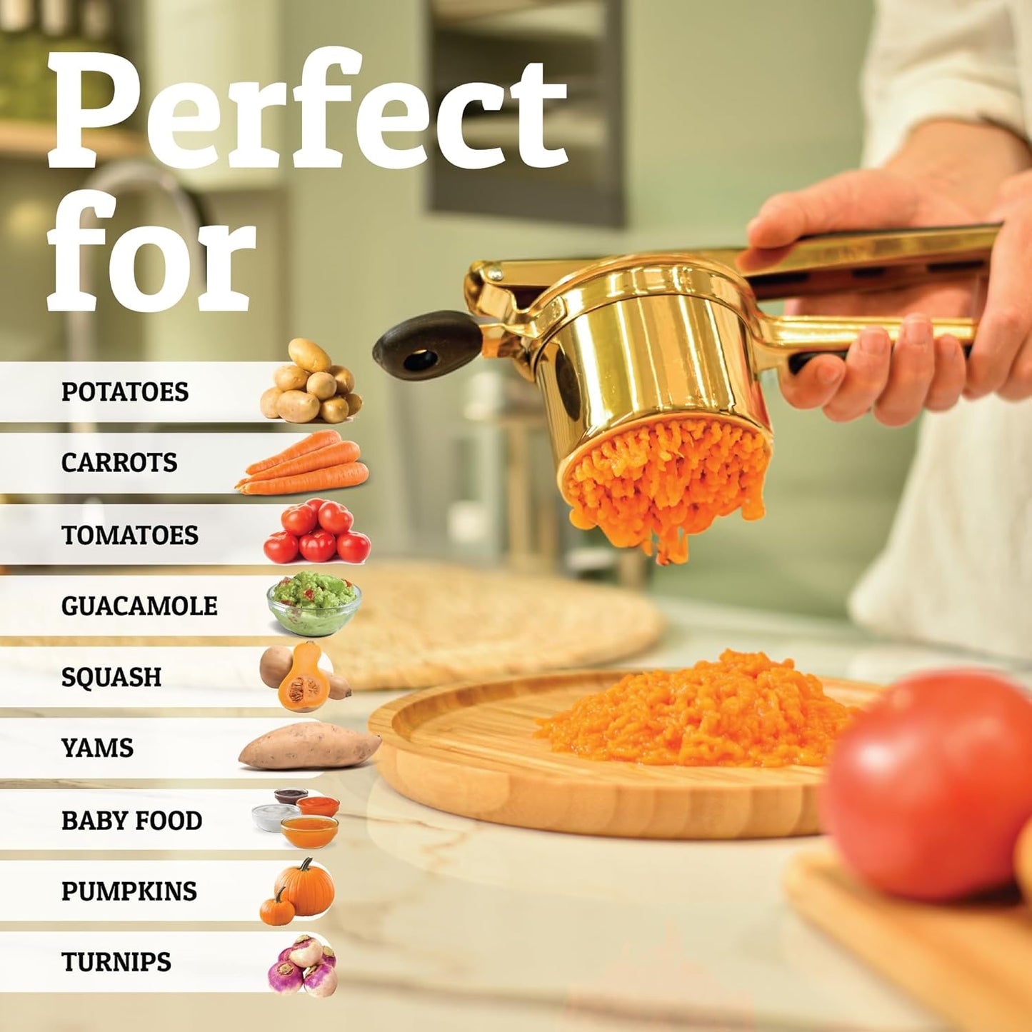 PriorityChef 15oz Potato Ricer - Heavy Duty Stainless Steel Masher for Perfect Mashed Potatoes | Gold & Black