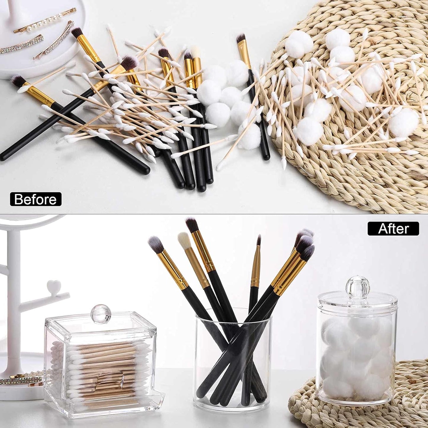 Tbestmax Cotton Swabs Holder - Stylish Bathroom Organizer Jar for Cotton Balls & Swabs | 10/7 OZ, Set of 3
