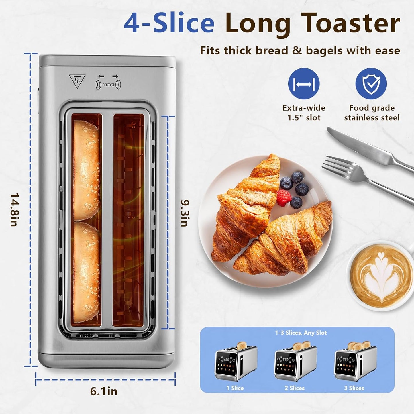 SAKAMOSH Smart Toaster - 4 Slice Digital Toaster with Touch Screen & 6 Browning Levels | Stainless Steel