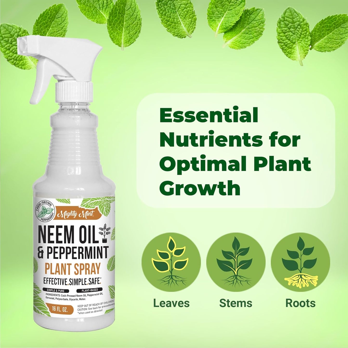 Mighty Mint Neem Oil & Peppermint Plant Nutrient Spray - Natural Leaf Shine for Healthy Plants | 16 oz