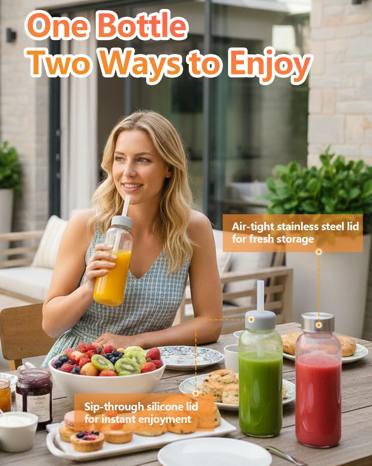 Zukro Glass Water Bottles with Lids & Straw 16 oz, 8 Pack Reusable Juice Bottles With Stainless Steel Cap for Juicing, Leak Proof Clear Smoothie Drinking Jars Beverages Containers, BPA Free