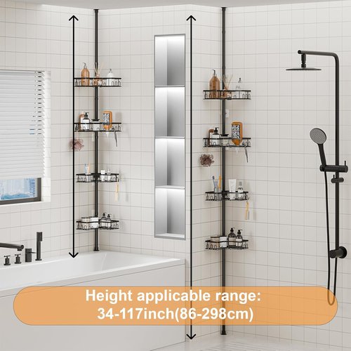 Corner Shower Caddy Tension Pole | 4-Tier Adjustable Bathtub Organizer - Space-Saving Black Design, 34in-120in