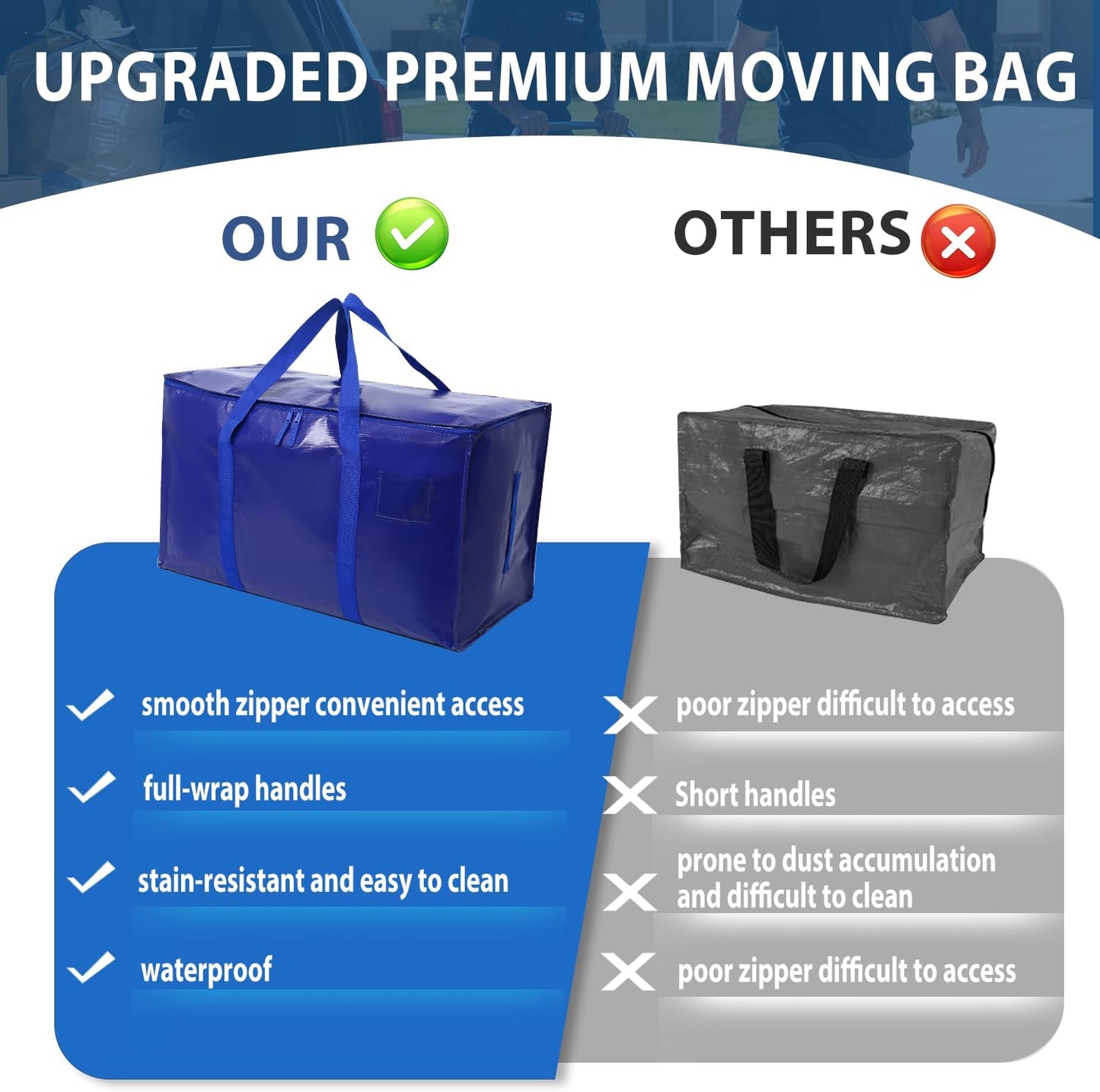 Skiennix Heavy-Duty Extra Large Moving Bags - Waterproof Storage Totes with Handles & Zippers | 6 Pack (Blue)