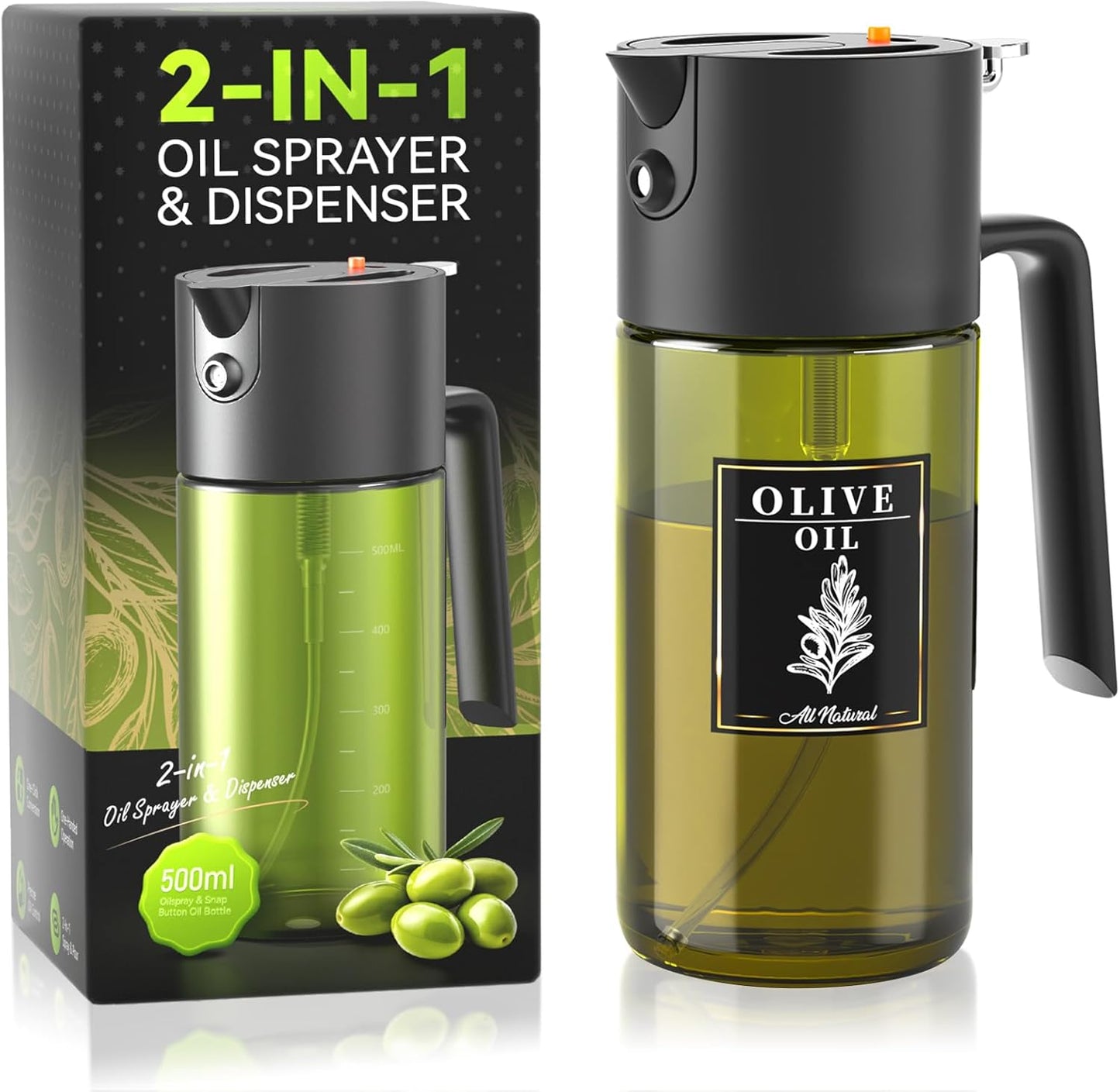Skiennix 2-In-1 Light-Blocking Dark Oil Sprayer - 500ml Glass Olive Oil Dispenser, Even Spray for Cooking & BBQ - Dark Green