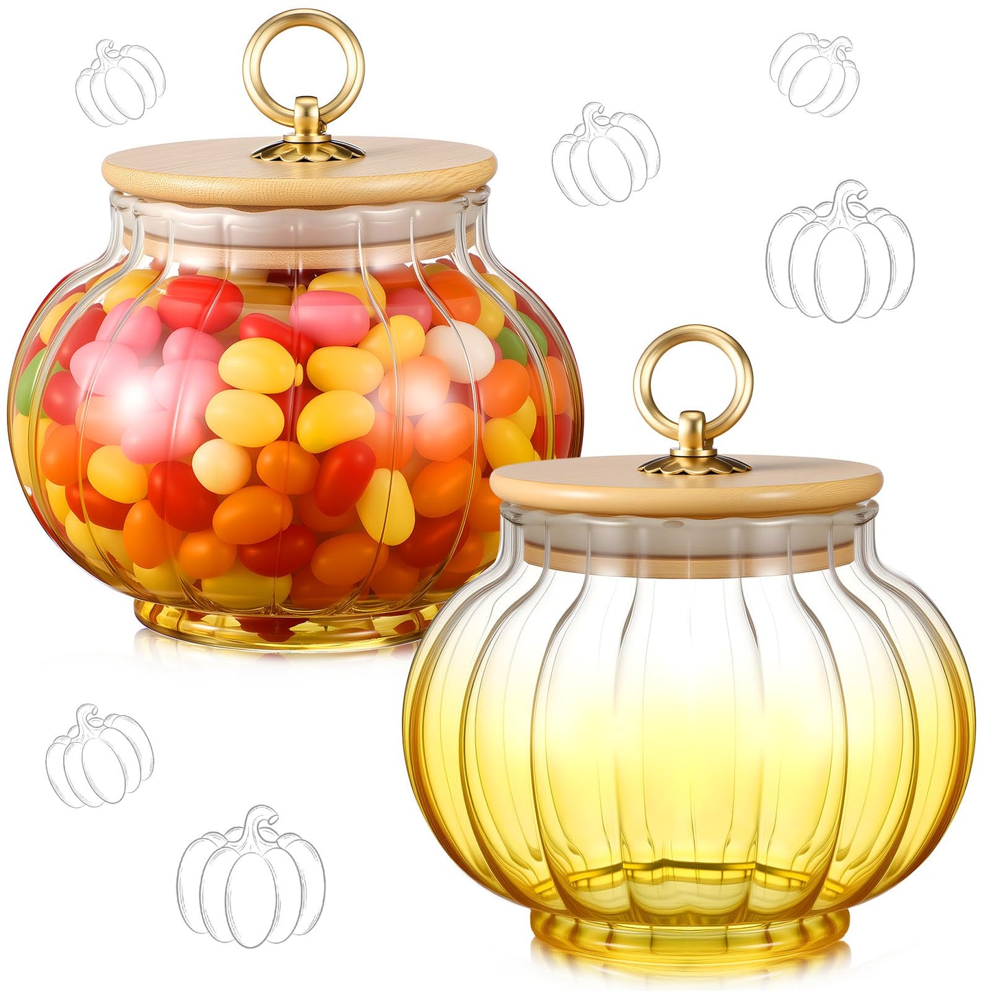 Suclain 2 Pcs Thanksgiving Glass Jars Pumpkin with Bamboo Lids 20 oz Fall Candy Dishes Cookie Bar Crystal Candy Bowl Storage Containers Snack Jars Decorative Glass Canister for Home Decoration