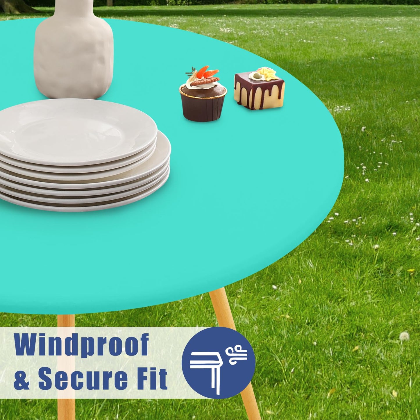 Moosfor Round Spandex Tablecloth, Elastic Fitted Waterproof Tablecloths for 18"-24" Tables, Stretch Washable Picnic Table Cover for Camping, Dining, Indoor and Outdoor,Aqua Blue