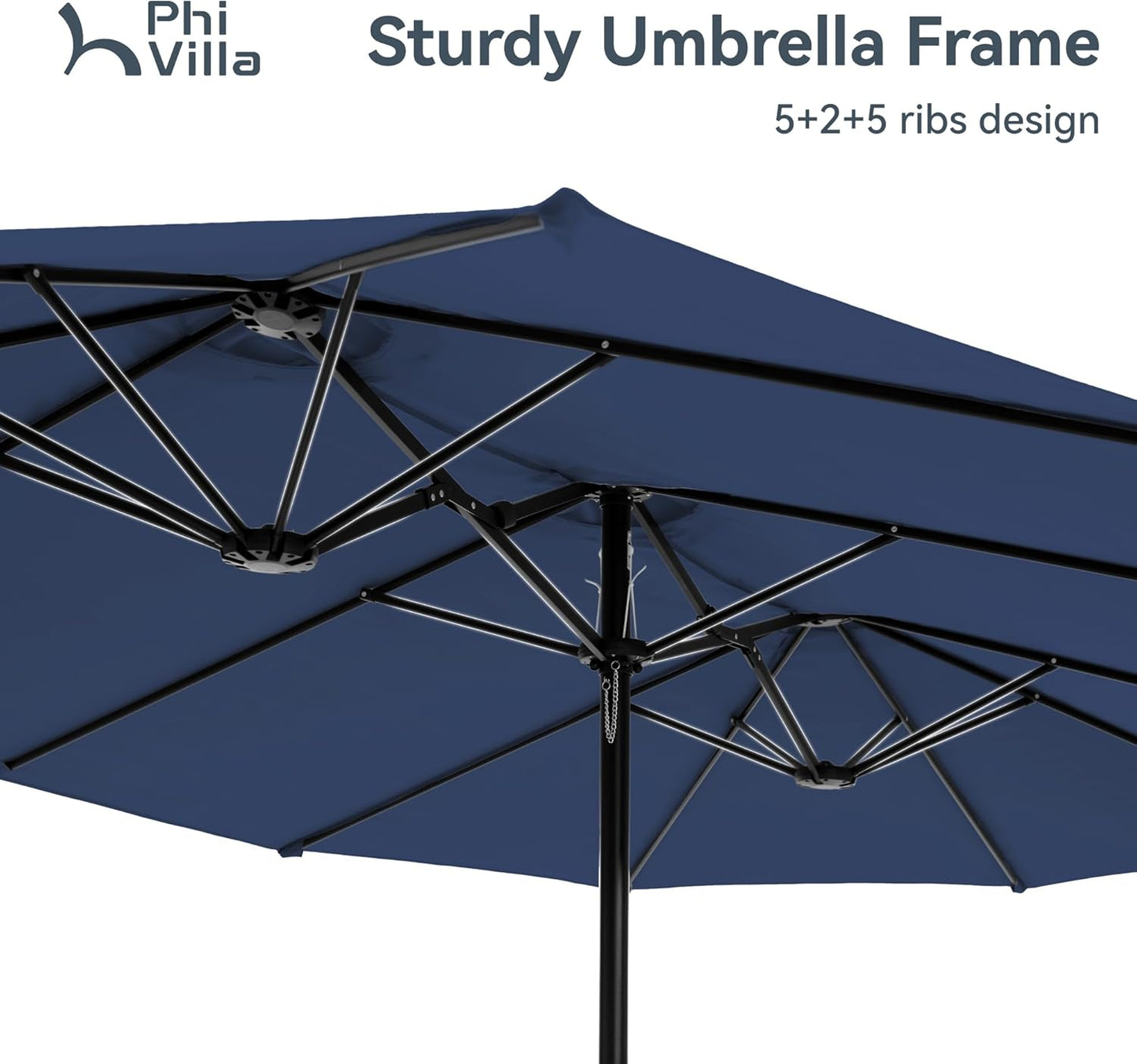 PHI VILLA 15ft Double-Sided Patio Umbrella - Navy Blue Market Umbrella with Base & Crank Handle for Outdoor Use