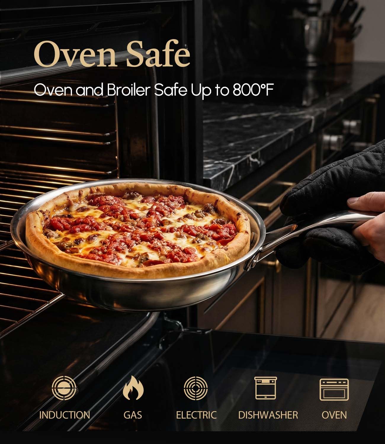 Lebof 8 Inch Stainless Steel Pan with Lid, 5-Ply Clad Base 800℉ Safe Frying Pans for Even Heating, Premium Cookware for Induction, Gas,Electric&Oven