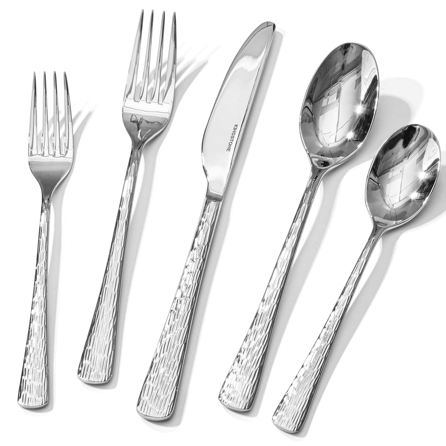 KINGSTONE Hammered Silverware Set, 20-Piece Flatware Set, 18/10 Stainless Steel Premium Cutlery with Unique Ripple Handles Design Mirror Polished - Dishwasher Safe