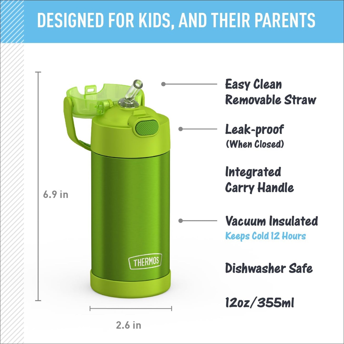 THERMOS FUNTAINER Water Bottle - 12 Ounce Kids Stainless Steel Vacuum Insulated with Straw - Lime