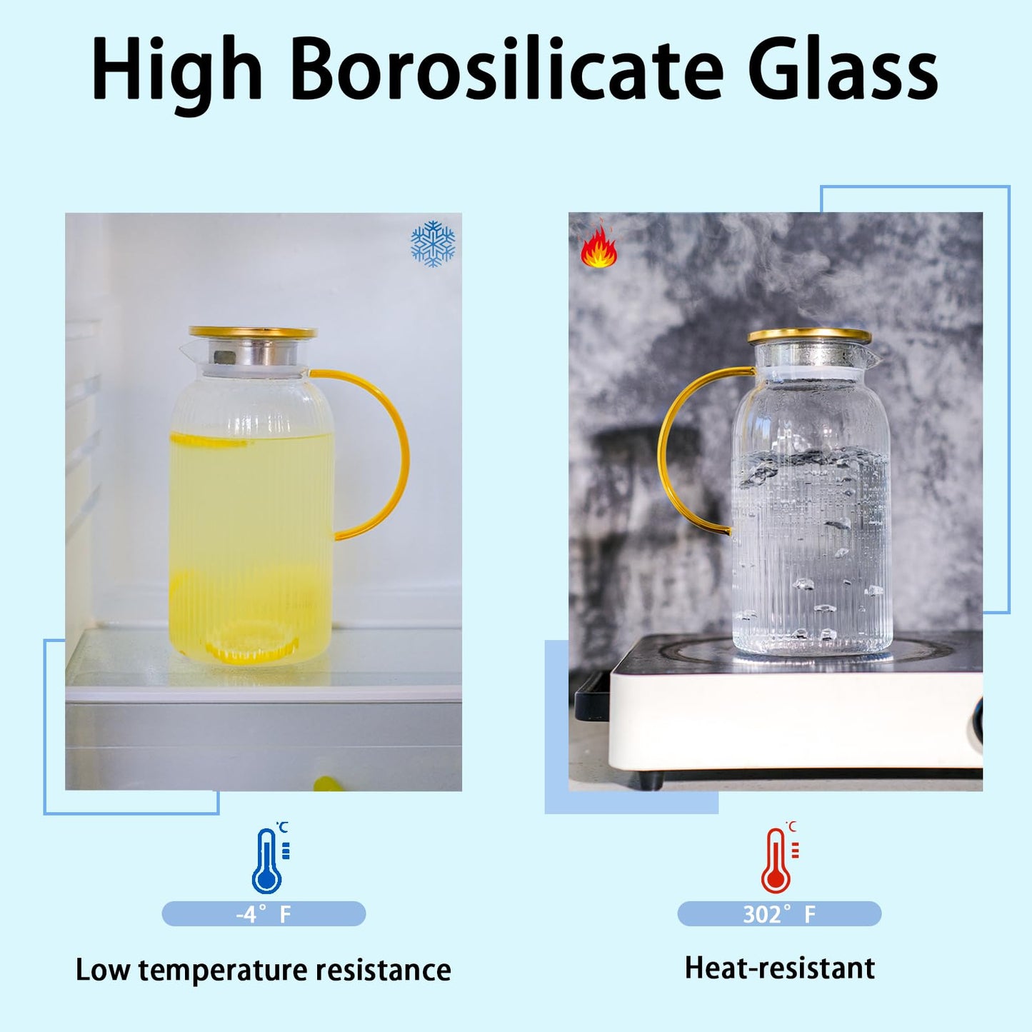 2 PACK Glass Pitcher with Lid and Handle,68 oz/ 2 Liter Vertical Stripes Water Pitcher,Glass Water Carafe for Fridge,Hand Blown Heat Resistant Borosilicate Water Jug for Hot/Cold Drinks