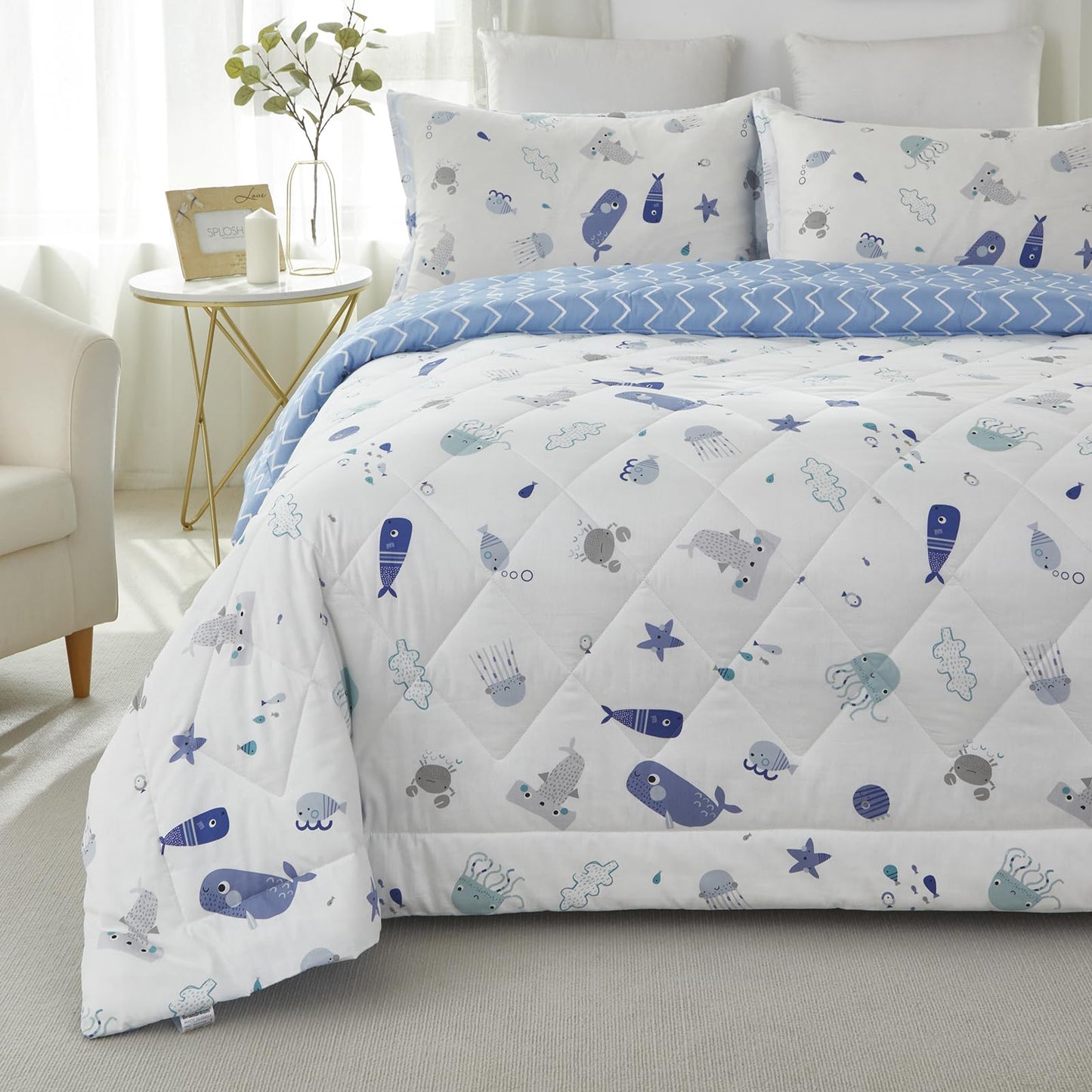 Brandream Kids Duvet Cover Twin Size Cotton Boys Girls Cute Cartoon Blue White Seaworld Comforter Set Ocean Fish Bedding Set 3 Piece