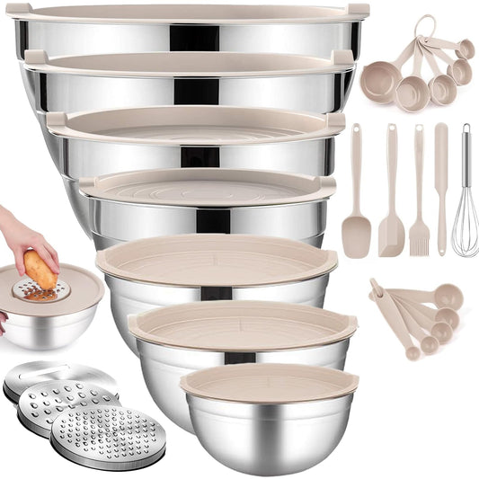 JUJOJB Mixing Bowls With Lids Set,Stainless Steel Mixing Bowls Set With 3 Grater,Metal Nesting Bowls For Kitchen Baking Refrigerator Meal Prep Food Storage Organizer,7 Size(Khaki)