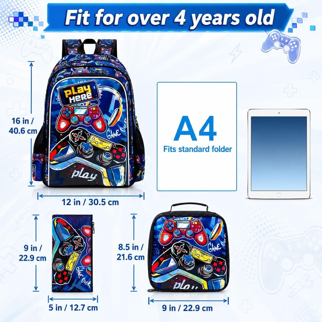CCJPX 3PCS Gamer Backpack for Boys, 16 Inch Kids Water Resistant Preschool Bookbags, Cool Kindergarten School Backpacks and Lunch Box