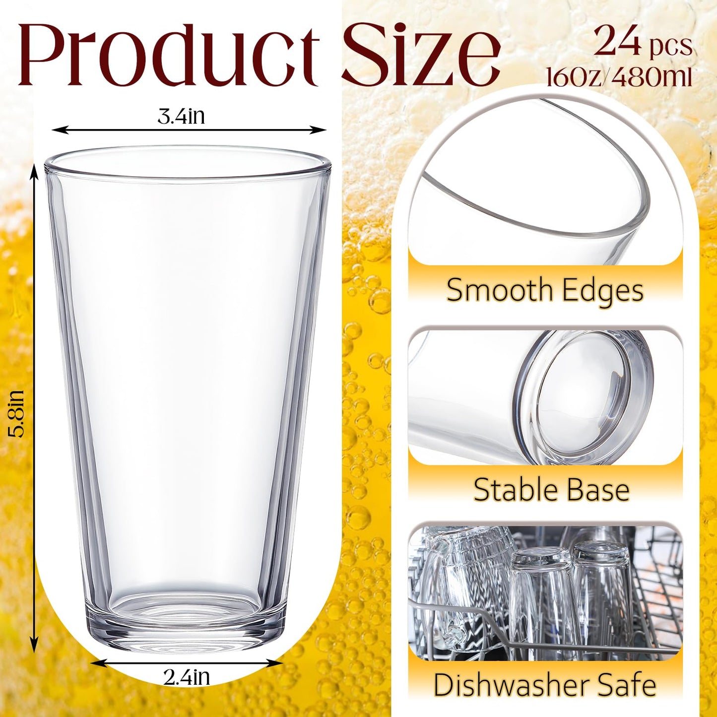 Patelai 24 Set Pint Beer Glasses Set 16 oz Pint Glasses Drinking Made for Beverages, Juice, Cocktail, Highball Drinking Tumbler Glass Design for Home Dining, Bars, Pubs and Parties & Dishwasher Safe