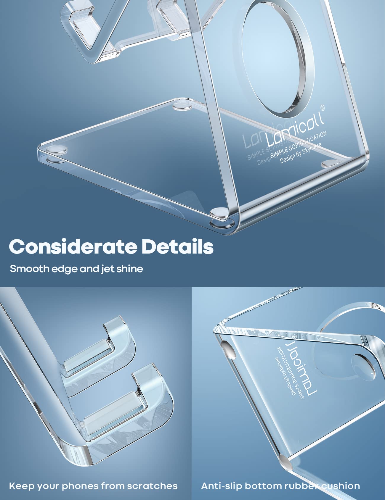 Lamicall Cell Phone Stand, Desk Accessories - Clear Office Cell Phone Holder, Acrylic Phone Stand, Desktop, Acrylic Office Desk Decor Accessories, Suitable for iPhone, 4-8'' Phone, Gifts